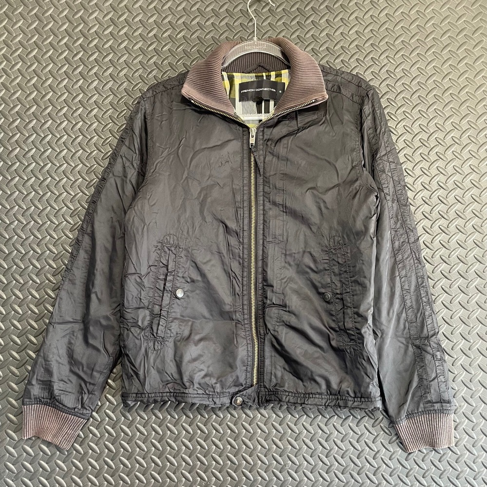 French Connection Men's Black Bomber Jacket with Brown Ribbed Collar